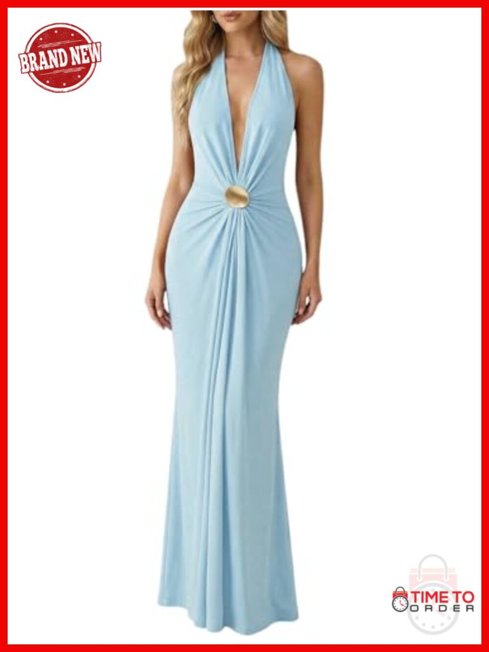 Halter Maxi Dress Deep V Neck Ruched Tie Backless Bodycon Formal Party Dress